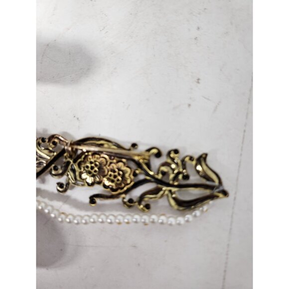 Vintage Brass Gold Tone Floral Design Brooch Pin With Beads Mid Century Modern - Picture 4 of 6